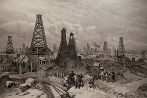 De oliebronnen van Baku aan de Kaspische Zee, uit 
